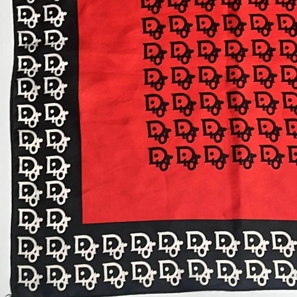 Vintage Christian Dior 35” Silk Red Black White Logo Scarf